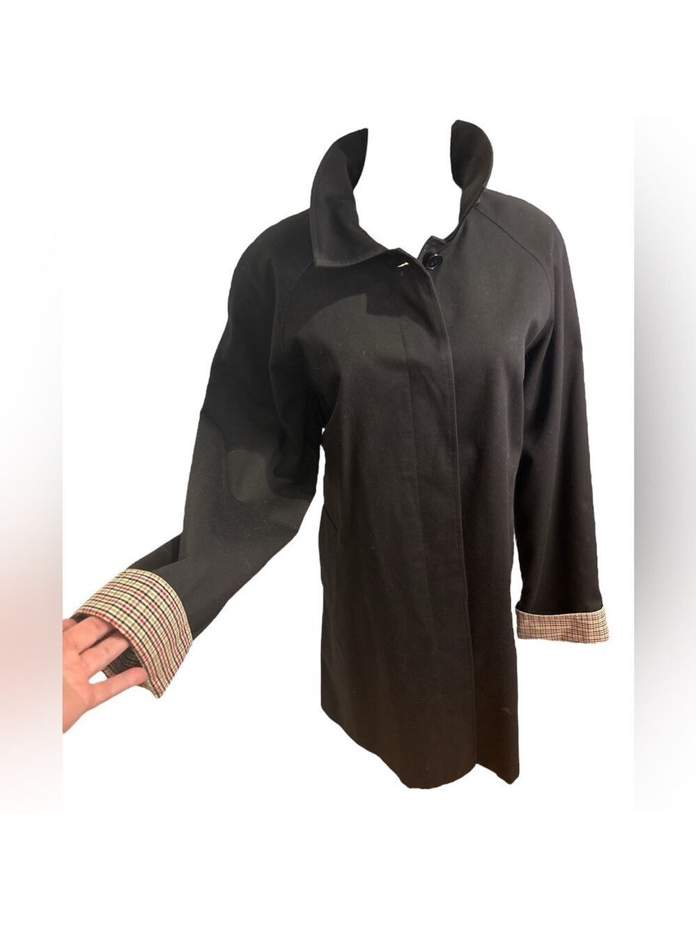 80s JG HOOK BLACK RAINCOAT RELAXED FIT COTTON BLEND W PLAID LINING & CUFFS SZ 10